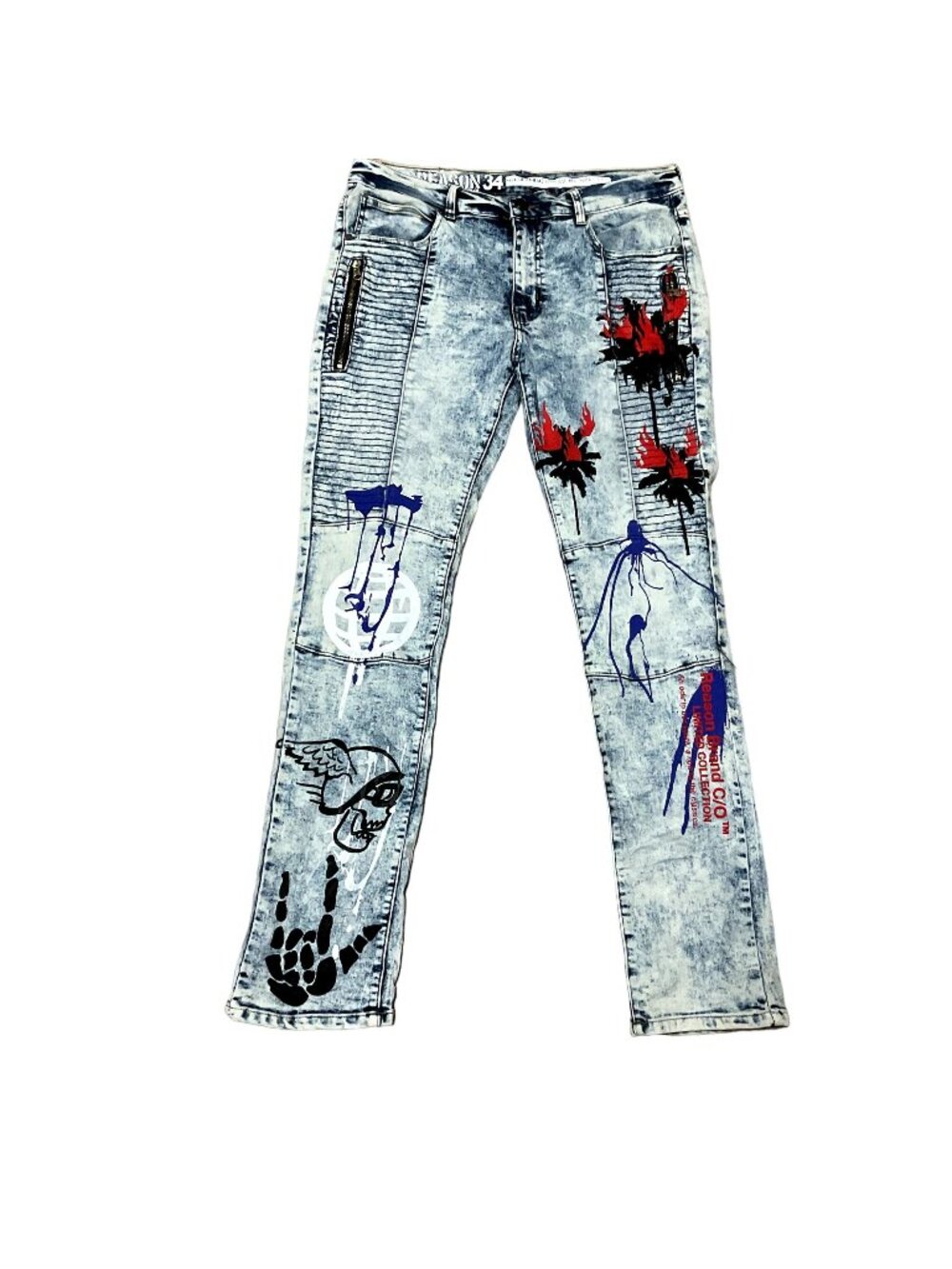 Vtg Y2K Reason Acid Wash Jeans Sz 34 x 33 Moto Graphic Print Zipper Pocket Mens